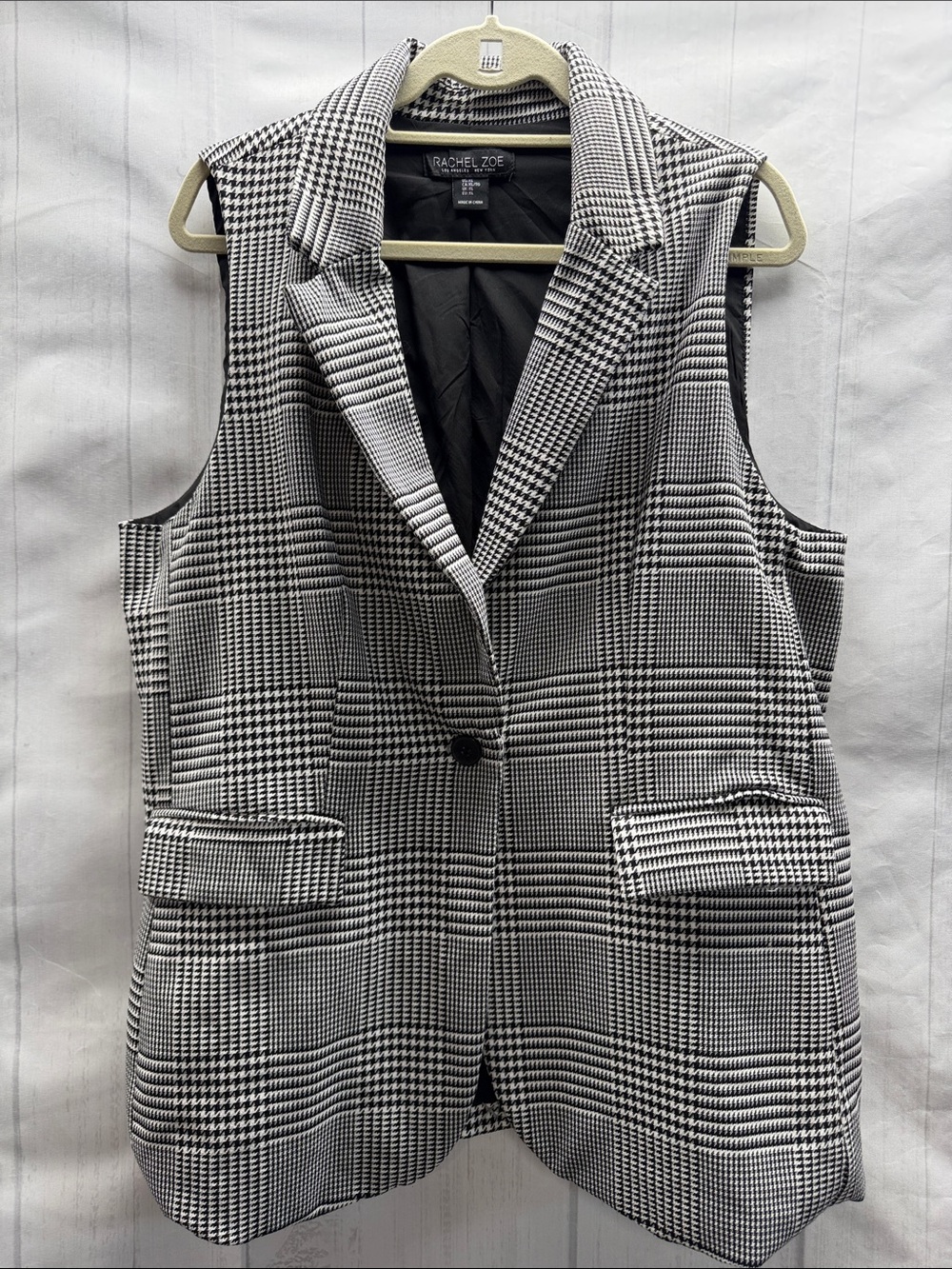 Rachel Zoe Black and White Houndstooth Glen Plaid Sleeveless Blazer Vest